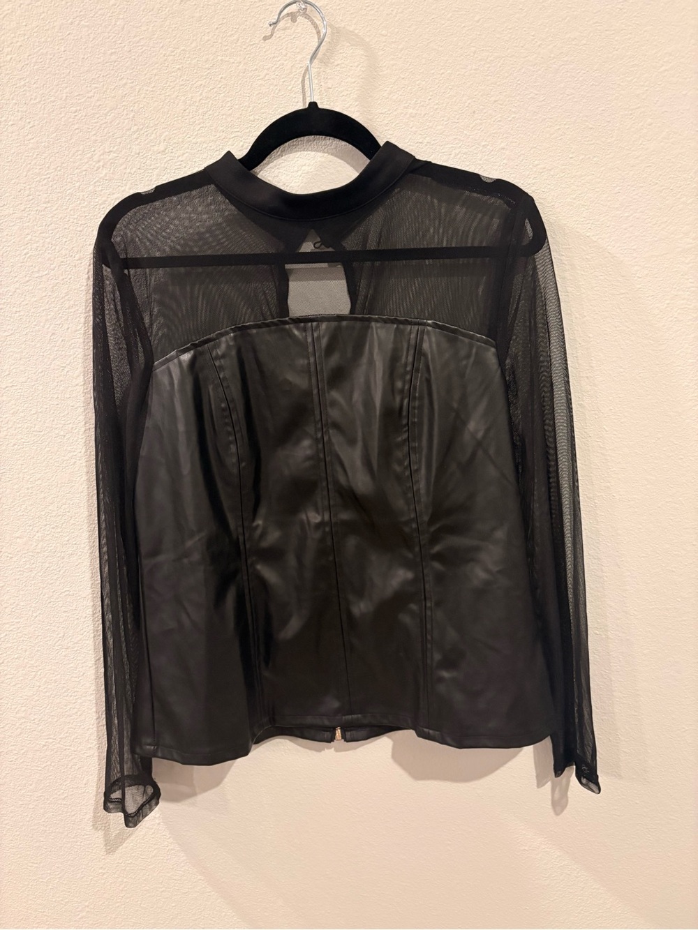 New York & Company Black Faux Leather Corset Top with Sheer Mesh Sleeves